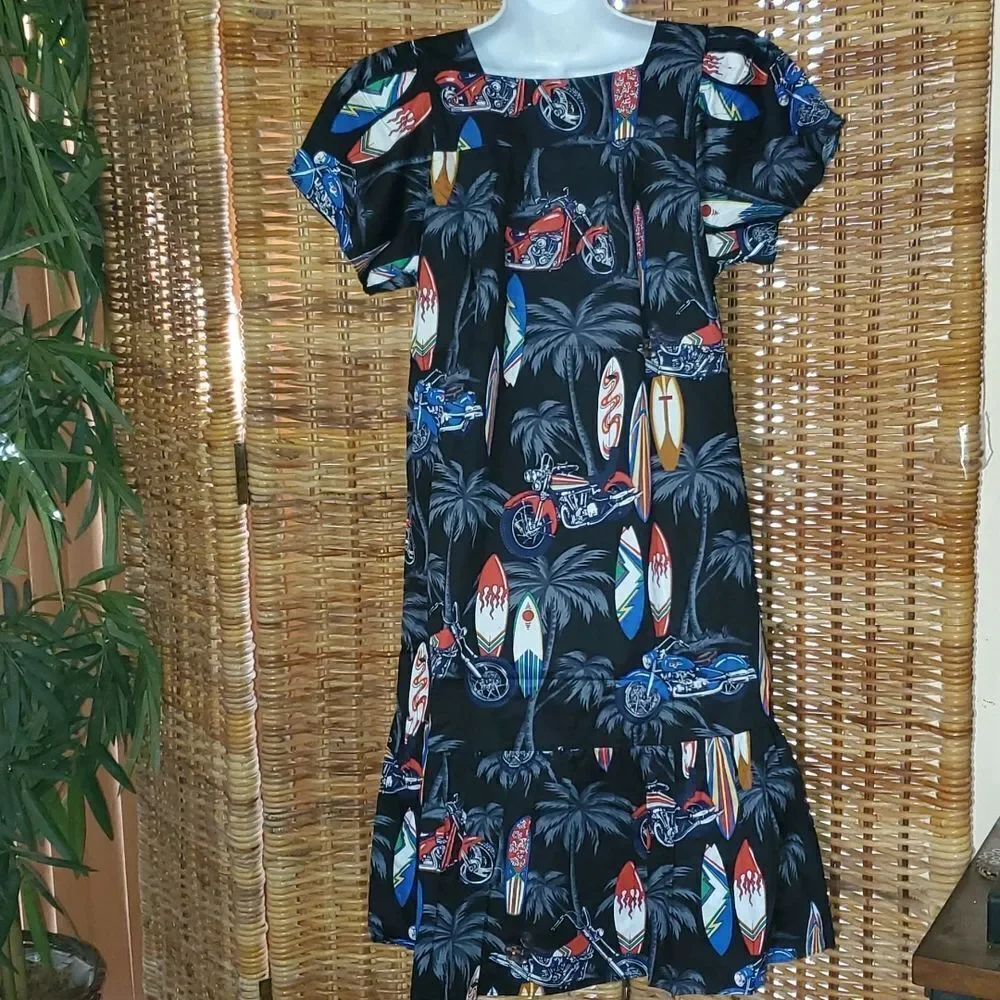 Ali'i Fashions Hawaiian Aloha Tropical Surfboard Motorcycle Dress Mumu M